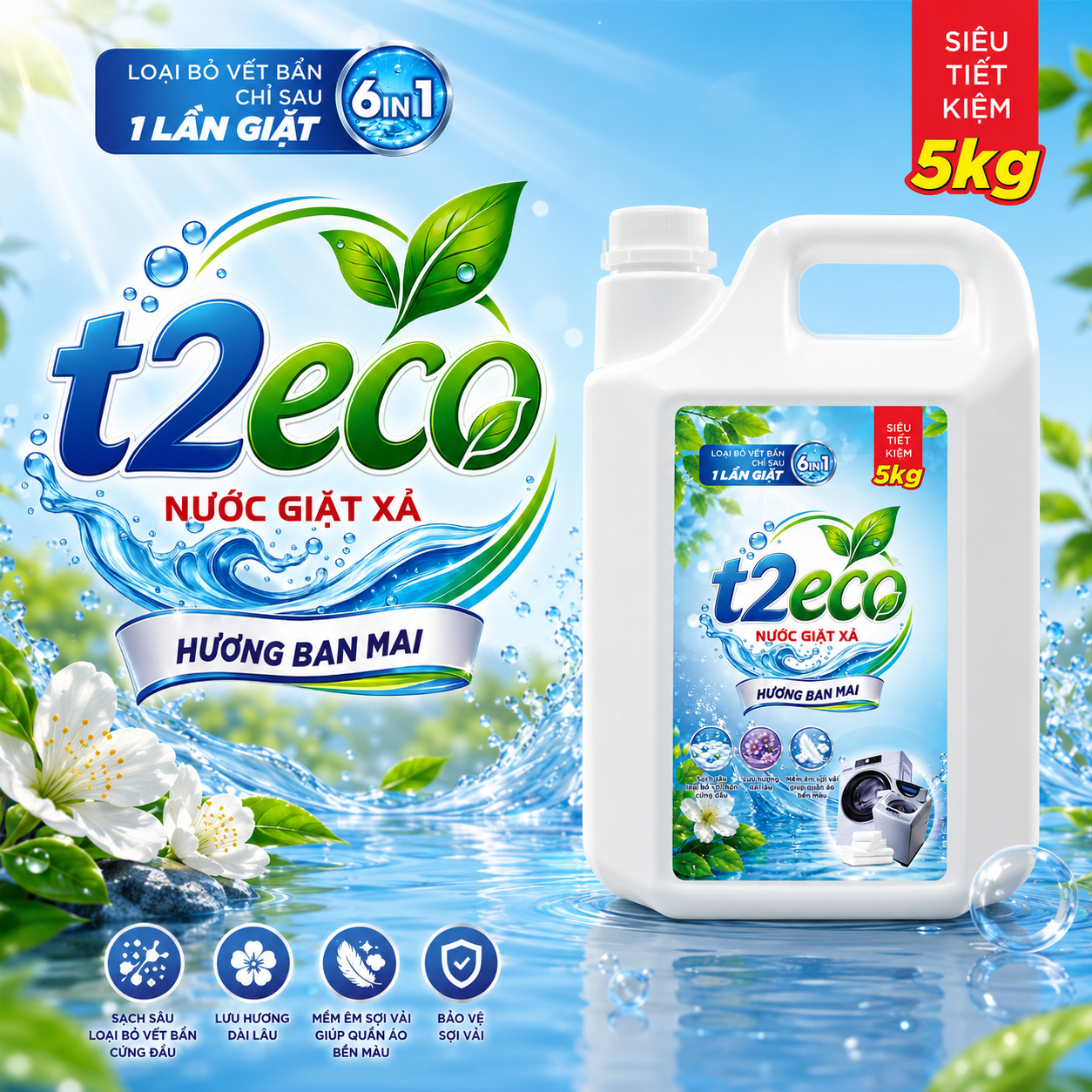 Nước Giặt Xả T2Eco Hương Ban Mai 5kg